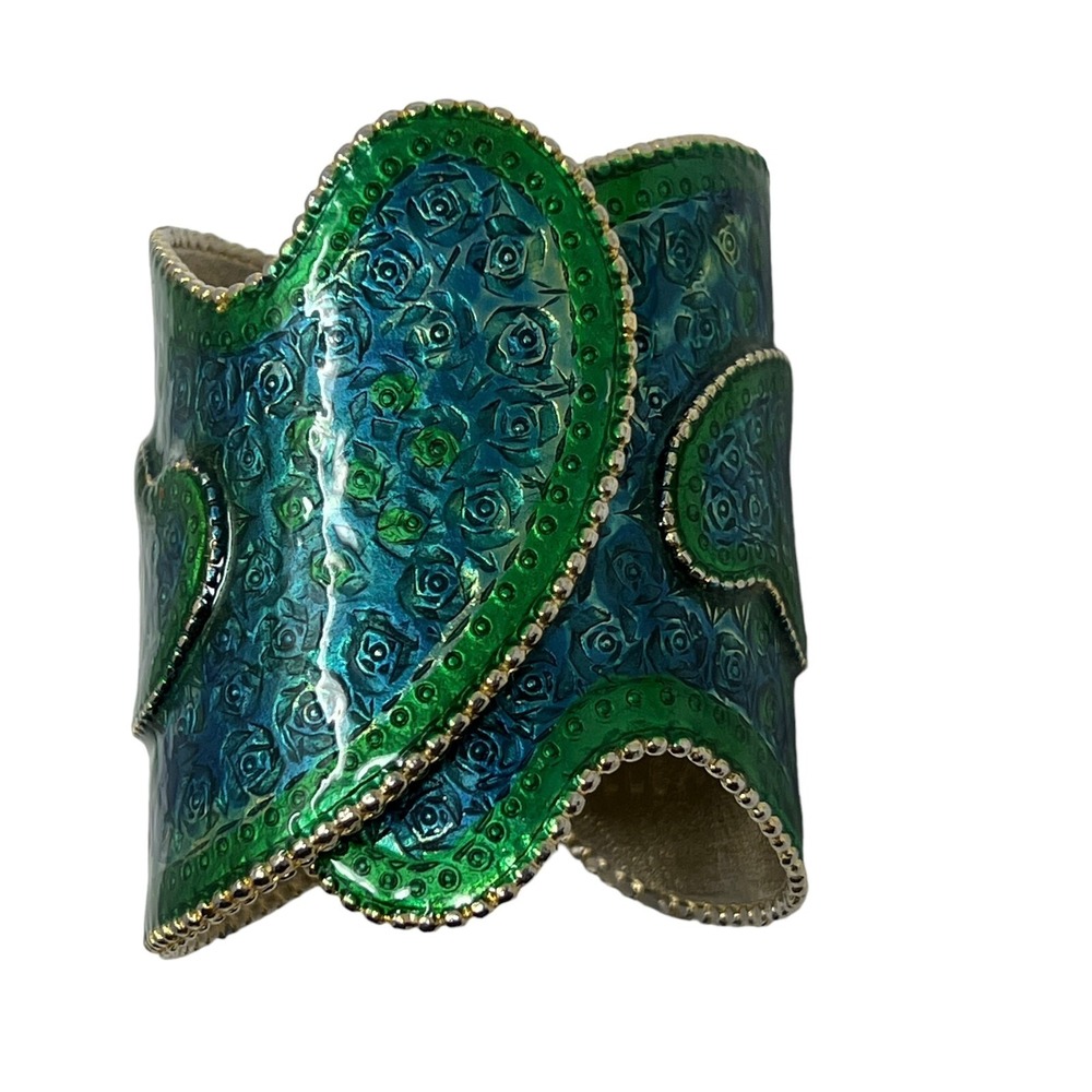 Vintage Ellen Signed Bracelet‎ Wide Guilloche Green Enameled Gold Beaded Accent